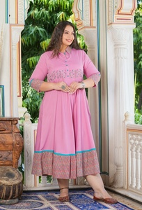Women's <b>Plus</b> <b>Size</b> Polyester Anarkali Kurta Pink SOLID Embroidered Shirt Collar Three Quarter Sleeves Comfortable Wear - Product Image 3