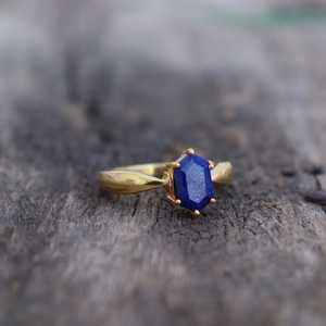 Natural Lapis Lazuli Signet <b>Ring</b> Hexagon Cut 925 Sterling Silver 14K Gold Plated Engagement <b>Statement</b> <b>Ring</b> - Product Image 6