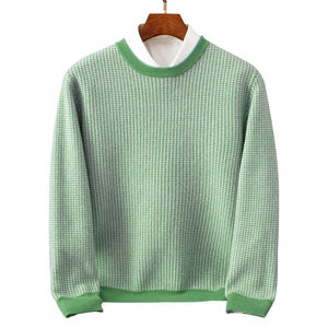 Pull en tricot à carreaux à manches longues, motif vert automnal, col rond, style rétro, grande taille, vêtements pour hommes - Product Image 3