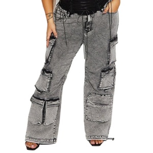 Jean cargo taille haute pour femme grande taille, coupe ample, longueur intégrale, en coton délavé, style décontracté avec plusieurs poches - Product Image 4