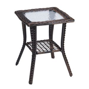 Brown Outdoor Wicker Side Table with Glass Top Rattan End Table for Patio Indoor Garden Porch Balcony-Coffee Bistro Table - Product Image 2