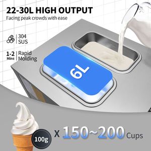 Commercial 2200W Countertop Ice Cream <b>Maker</b> 22-30L/H Yield Soft Serve Machine 2x6L <b>Yogurt</b> Hopper 2L Cylinder LCD Panel Puffing - Product Image 3