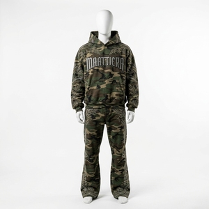 Mens <b>Camouflage</b> <b>Tracksuit</b> Hoodie Cargo Pants Rhinestone Leaf Embroidery Custom Streetwear Sportswear Set - Product Image 1