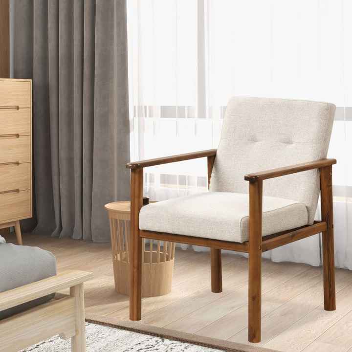 Modern Accent Linen Fabric Armchair with Soft Cushioned Seat & Solid Wood Legs for Living Room