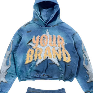 Conjunto de Sudadera con Capucha Personalizada al por Mayor, Oversize, Vintage, con Lavado Ácido, Parches, Diseño Corto, Efecto Desgastado y Bordado con Aplicaciones - Product Image 5