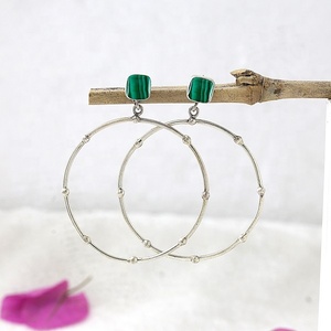 Natural Malachite Stone Cushion Hoop Drop <b>Earrings</b> for Women <b>Silver</b> Plated Beaded Open Circle Statement <b>Dangle</b> <b>Earrings</b> - Product Image 3