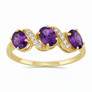 ขายส่งแหวนทองคำแท้ 14k ประดับพลอยแอมะทิสต์ทรงรีธรรมชาติ เพชรเลี้ยงในห้องปฏิบัติการ ดีไซน์คลื่นสามเม็ด รูปทรง S-swirl เครื่องประดับชั้นดี สำหรับส่งออกจำนวนมาก - Product Image 2
