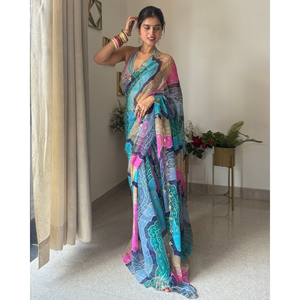 Sari de Chiffon de Seda Pura Bandhej Azul de Bollywood con Manga Larga, Cuello en V, Silueta Ajustada y Estampado Floral - Product Image 3