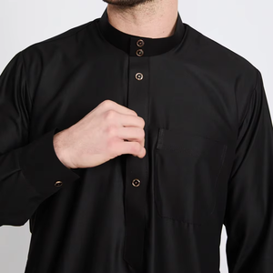 <b>Men's</b> Black Cotton <b>Thobe</b> Short Sleeve Floor Length Shirt Collar Modest Islamic Prayer Wear All Seasons Solid Color Loose - Product Image 6