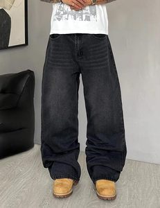 New Fashion Custom Streetwear Canvas <b>Button</b> <b>Fly</b> Straight Knitted <b>Jeans</b> Men Distressed Faded Oversized Hip Hop - Product Image 3