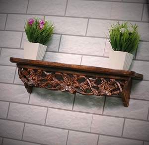Hand Carved Wooden <b>Wall</b> Décor <b>Shelf</b> || Mounted Bookshelf || Bedroom || <b>Living</b> <b>Room</b> || Decoration (Brown, Lacquered) - Set of 1 - Product Image 1