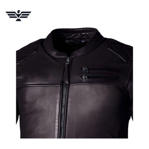 Blouson Moto Homme en Cuir Véritable Noir Respirant Rembourré Col Montant Fermeture Éclair Coupe Ajustée Couleur Unie Idéal Automne - Product Image 4