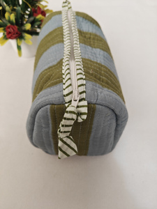 กระเป๋าเครื่องสำอางผ้าฝ้ายพิมพ์ลายดอกไม้สีเขียวลายทาง ทนทาน มีซิป กระเป๋าอินเดียสำหรับจัดเก็บเครื่องสำอางสำหรับเดินทาง - Product Image 5