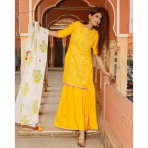 Conjunto de traje de gasa de rayón amarillo Kesar para mujer, hecho a mano, talla XS - Product Image 6