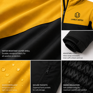 เสื้อแจ็คเก็ตพัฟเฟอร์แบบมีฮู้ดกันน้ำสำหรับผู้ชาย  สำหรับฤดูหนาว กันลม อุ่นสบาย เหมาะสำหรับกิจกรรมกลางแจ้ง  แบบสองสี ดำ-เหลือง  ติดซิป - Product Image 5