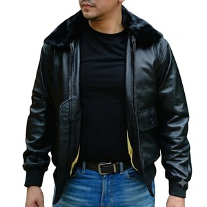 Chaqueta Bomber de Cuero Genuino Negro para Hombre, Cuello de Piel Sintética, Cortavientos, Invierno, Corte Regular, Cierre de Cremallera, Estilo Motero Urbano - Product Image 5