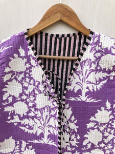 Sanganeri Print Striped Woven Jaipuri Knitted Breathable Autumn Party Wear Reversible Cotton <b>Quilted</b> <b>Jacket</b> for Women Handmade - Product Image 5