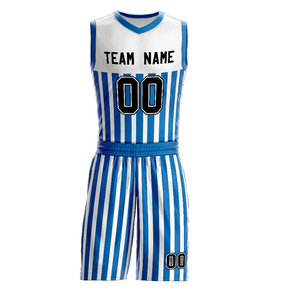 Conjunto de Uniforme de Baloncesto Personalizado con Rayas Azules y Blancas, Unisex, Sin Mangas, Cuello en V, Malla Sublimada Transpirable para Adultos - Product Image 2