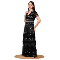 Robe longue de soirée noire de luxe à perles, col en V, à volants superposés, brodée de fleurs et de sequins, élégante en maille pour bal et fêtes