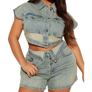 Conjunto de Chaqueta y Shorts de Mezclilla para Mujer, Corte Ajustado, Verano, Transpirable, Estilo Urbano, Cómodo - Product Image 1