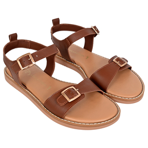 Sandales plates gladiateur en cuir marron de qualité supérieure pour femmes, à double boucle, style coréen, légères, tendance mode été - Product Image 3