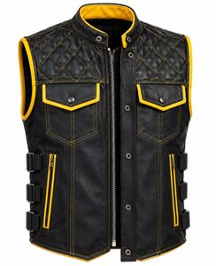 <b>Men's</b> <b>Black</b> Leather Motorcycle <b>Vest</b> with Custom Color Trim Quilted Biker <b>Vest</b> Custom OEM - Product Image 3