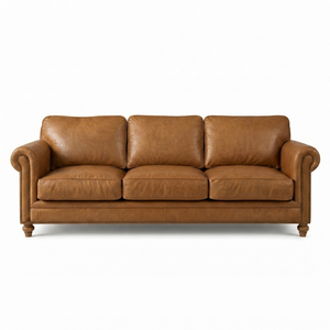 Canapé classique en cuir véritable marron cognac 3 places pour salon avec accoudoirs roulés et garniture cloutée - Product Image 1