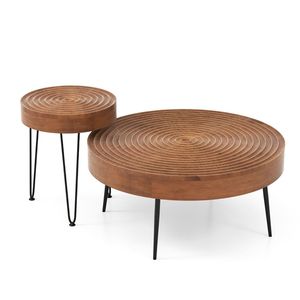 Set di 2 Tavolini da Caffè Rotondi in Legno Massello con Motivo ad Anello, Stile Rustico - Product Image 1