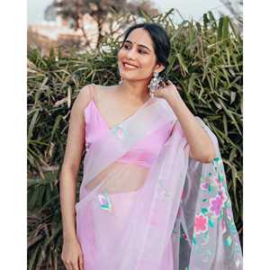 ผ้าซารีออร์แกนซ่าสุดหรู รุ่นเอเลียนา สีชมพู สำหรับงานแต่งงาน งานเลี้ยง งานรับปริญญา คอลเลคชั่นดีไซเนอร์สำหรับผู้หญิง ส่งออก - Product Image 3