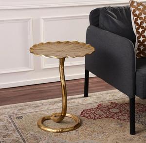 Modern <b>Gold</b> Metal Pedestal Side <b>Table</b> with Leaf Top Contemporary Living Room Accent Furniture - Product Image 2