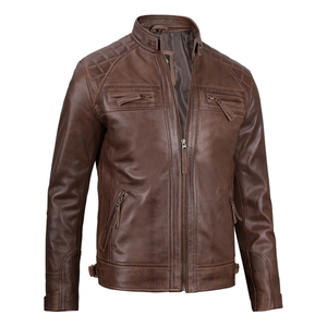 Chaqueta de cuero genuino marrón para motocicleta para hombre, abrigo de motociclista con cremallera, resistente al viento, transpirable, ropa de calle - Product Image 4