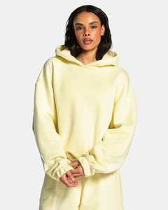 Sudadera con Capucha Extra Grande para Mujer, Color Amarillo Lima, con Líneas en Contraste, de Algodón Premium, Felpa Transpirable, Estilo Casual, OEM ODM - Product Image 4