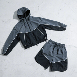Women 2 Piece Color Blocked Moto & Biker Style Hooded Jacket Shorts Jogger <b>Set</b> Quick Dry Sporty Full Sleeve Knee Regular Fit - Product Image 4