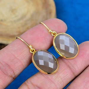 Natural Handmade Grey Moonstone Oval Shape Gemstone Drop <b>Earrings</b> 18k Micron Gold Over 925 Sterling Silver - Product Image 1