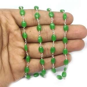 Chaîne de chapelet ovale lisse en émeraude naturelle avec finition plaquée argent pour la fabrication de bijoux en émeraude, vente en gros - Product Image 6