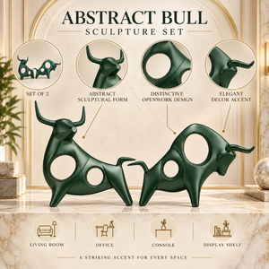 Ensemble de 2 sculptures abstraites de taureau |   Figurines de taureau vertes modernes avec cornes pour salon, bureau, console, étagère, table, décoration intérieure - Product Image 5