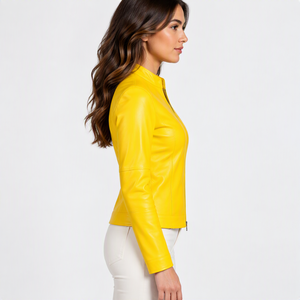 Chaqueta de Cuero Genuino Amarillo para Mujer, Corte Ajustado, Chaqueta de Motera de Piel de Cordero Suave Personalizada, Cierre de Cremallera, Ropa Exterior Femenina - Product Image 4