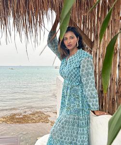 Vestido Maxi de Algodón Puro con Estampado Indio, Transpirable, Elegante, para el Día a Día de Verano, con Bordado de Botones, Estilo Casual - Product Image 4