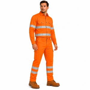 High Quality Men Industry Wear Button <b>Down</b> Shirt Cargo <b>Trousers</b> Uniform Set High Visibility Band Workwear Reflective Safety Wear - Product Image 3