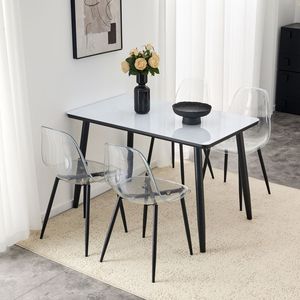 Juego de Comedor con Textura de Mármol Imitación Blanco, Cubierta de Vidrio con Base Inferior de MDF y Patas de Metal Negro, 4 Sillas Transparentes Emparejadas - Product Image 4