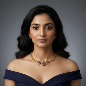 Gold Plated Pearl & Diamond Round Kemp Pendant Hasli Choker - Product Image 1