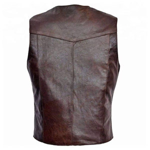 Men Genuine <b>Leather</b> <b>Vest</b> V Neck Single Breasted Zipper Front Solid Color <b>Biker</b> Style Windproof Polyester Filled Outerwear - Product Image 3