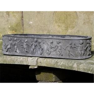 Antique Lead Finish Oval Garden Planter Box Embossed Cherub Putti Design Rectangular Metal Flower <b>Pot</b> Outdoor Decorative Basin - Product Image 1