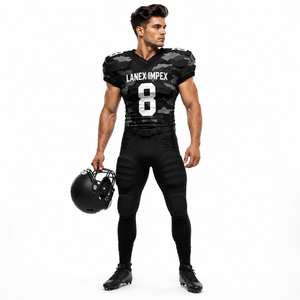 Uniforme de Fútbol Americano para Hombre de Alta Calidad, Conjunto de Pantalones y Jersey Sublimados en Negro Camuflaje, Número 8, Poliéster Transpirable - Product Image 1