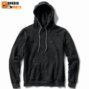Sudadera con capucha doble personalizada de algodón 100% de 380 g/m², negra, estilo vintage desgastado, streetwear, para invierno, ecológica - Product Image 1