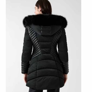 Women's Black Quilted Jacket Long Length With <b>Fur</b> <b>Trim</b> Hood Zipper Closure Full Sleeve Winter Outerwear Solid Color Thick - Product Image 2