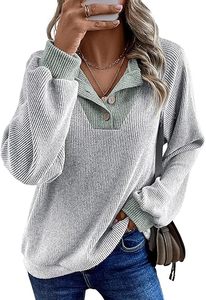 Womens Spring Fashion 2026 Womens Long Sleeve <b>Shirts</b> <b>Patchwork</b> Button Up V Neck Sweatshirt Casual Pullover Tops - Product Image 1