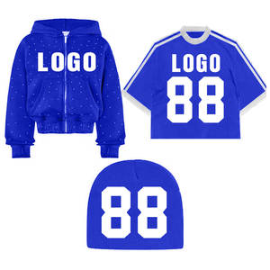 Ensemble sweat à capuche, t-shirt et bonnet violet avec logo 88, style streetwear unisexe, pour l'automne, manches longues, fermeture éclair frontale, imprimé, coupe ample - Product Image 3