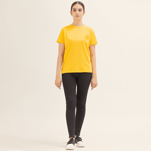 Camiseta de Manga Corta con Cuello Redondo para Mujer, 100% Algodón Jersey, Color Amarillo Sólido, Informal, para Primavera/Verano - Product Image 1