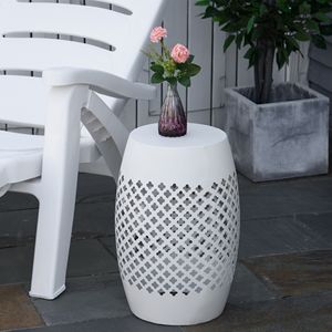 White 12\" Steel Outdoor <b>Side</b> <b>Table</b> <b>Round</b> Hollow Drum Patio End <b>Table</b> Versatile Accent <b>Table</b> for Indoor and Outdoor Use - Product Image 2